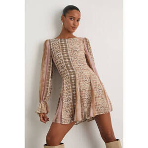 Lulus Kivah Pink And Taupe Boho Print Long Sleeve Mini Dress - Size L